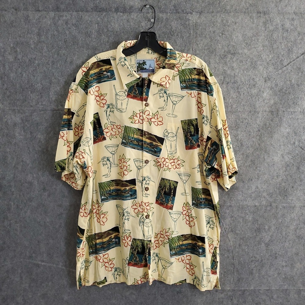 AFTCO Bluewater Hawaiian Shirt Button Up Yellow Tropical Martini‎ Beach Fishing